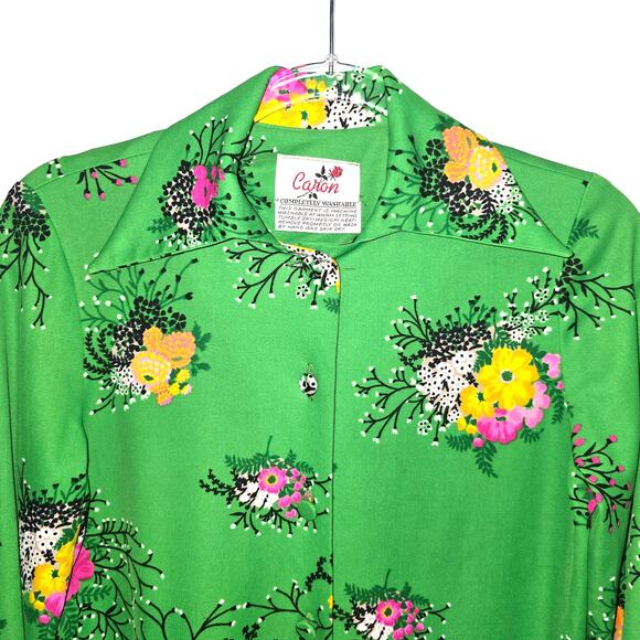 Vintage 70's Caron Shirt Dress Green Floral Print Dagger Collar Knee Length SEE - Picture 5 of 7